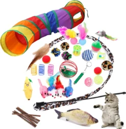 Filo Kattenspeelgoed Set 30 Stuks – Kattenspeeltje Kattentunnel – Kattenhengel – Kattenveertjes – Vis Met Kattenkruid – Kattenspeeltjes Intelligentie Kitten – Interactief Speelgoed Katten – Poezen Speeltjes – Kat