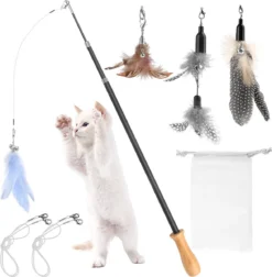 Kattenvishengel, Interactief Intrekbaar Kattenspeelgoed Met Ergonomisch Houten Handvat, 4 Stuks Reserve Dierenveren Hangers En 3 Reserve Linten, Kattenspeelgoed Voor Kittens En Katten