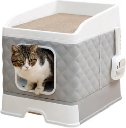 Amex Kattenbak – Zelfreinigende Kattenbak Met Lade – Kattenbak Geurverdrijver Met Veel Ruimte – Krab Dak – Zeefsysteem – Grijs