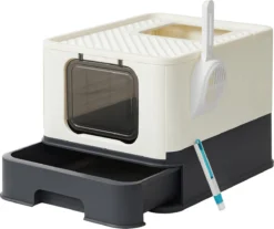 Songmics Feandrea Kattenbak, Kattentoilet, Met Deksel, Uittrekbaar Dienblad, Schep, Borstel, Ruim Voor Katten Tot 15 Kg, Minder Sporen, Lekvrije Bodem, Beige-zwart PPT001W01