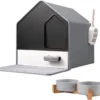 Kattenbak Villa Met Dubbele Voerbak En Kattenbakmat – Kat – Drinkbak – Modern En Stijlvol – Design – Grijs