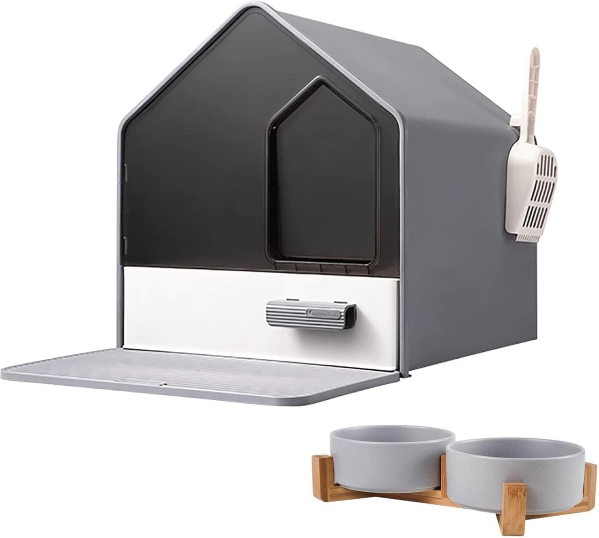 Kattenbak Villa Met Dubbele Voerbak En Kattenbakmat – Kat – Drinkbak – Modern En Stijlvol – Design – Grijs