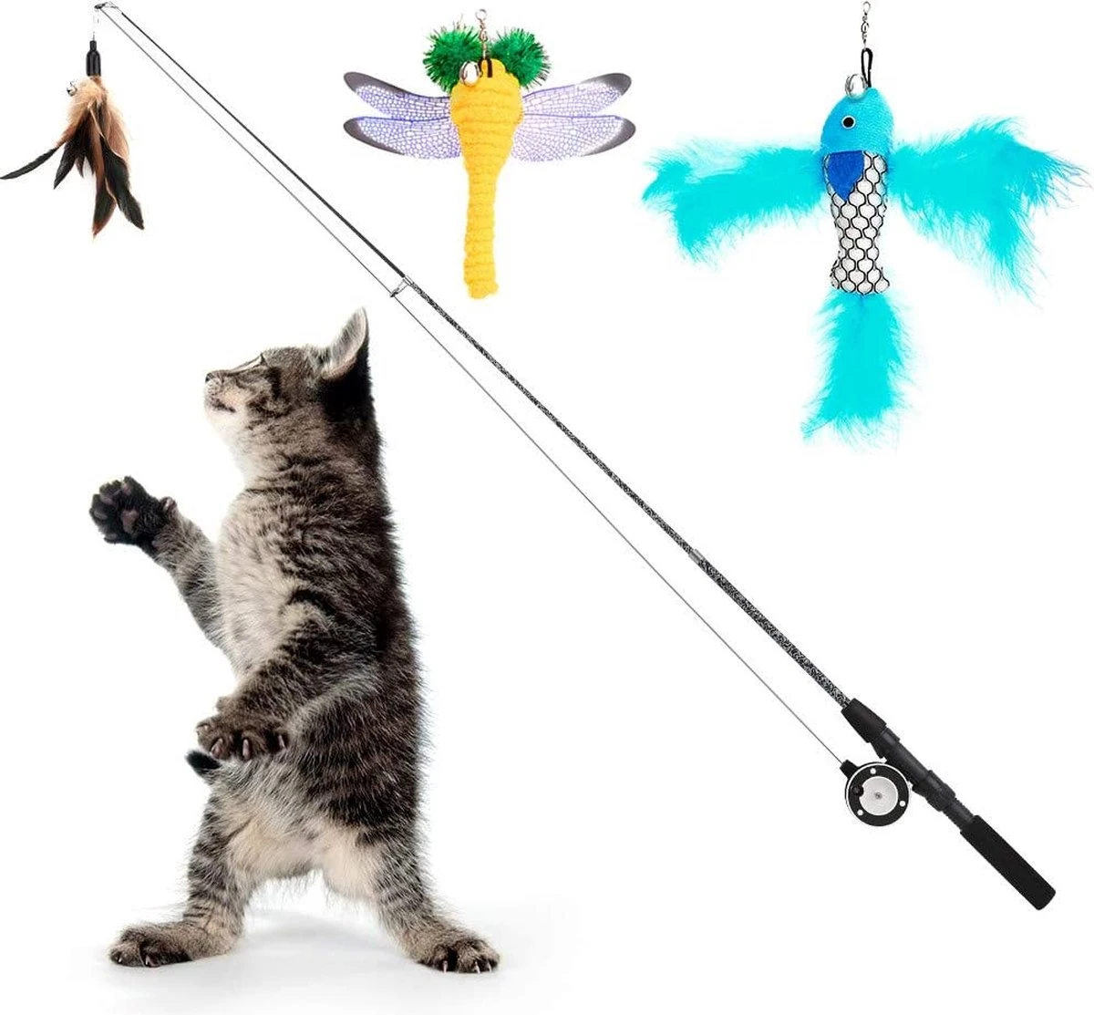 Interactieve Kat Speelgoed, Intrekbare Kat Hengel Met 3 Reserve Aas Van Veren En Klokken, Verstelbare Koord Lengte, Feather Teaser Voor Katten, Kitten Plezier 1 Interactieve Kat Speelgoed, Intrekbare Kat Hengel Met 3 Reserve Aas Van Veren En Klokken, Verstelbare Koord Lengte, Feather Teaser Voor Katten, Kitten Plezier