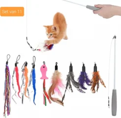 Kattenhengel – Set Van 11 – 1 Hengel En 10 Hangers – Interactief Speelgoed Voor Kat Of Kitten – Anti Slip Handvat