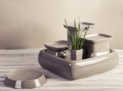 Miaustore Grote Keramische Drinkfontein Set – Kattenfontein – Voerbak – Drinkbak – Kattengras – Grijs – 3,4L – Keramisch – Katten En Honden -geen Filter Nodig