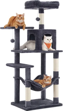 Acaza – Krabpaal – Krabpaal Voor Grote Katten – Kattenboom Met Hangmat – Kattenpaal – 143 Cm – Donkergrijs