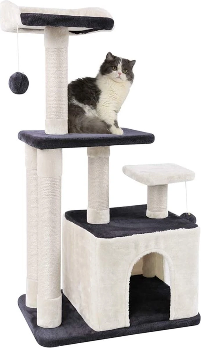 MC Star Stabiele Krabpaal, Kattenboom, Kattenkrabpaal, Tweedeurs, Hol, Speelhuis, Meerdere Platforms En Speelgoed, Pluche Ballen Met Klokken, Klimboom Voor Katten Middelhoog 100 Cm, Grijs En Beige 1 MC Star Stabiele Krabpaal, Kattenboom, Kattenkrabpaal, Tweedeurs, Hol, Speelhuis, Meerdere Platforms En Speelgoed, Pluche Ballen Met Klokken, Klimboom Voor Katten Middelhoog 100 Cm, Grijs En Beige