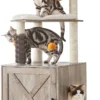 Signature Home Luis Krabpaal Met Kattenbakkast – Kattenbak Met 2-in-1 Moderne Kattenboom – Met Roomer – Krabzuilen – Platform – Wasbare Kussens – Greige – 134 Cm