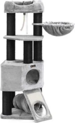 Segenn’s Krabpaal – Kattenboom – Dikke Boomstammen 141 Cm – Met Pluizig Uitkijkplatform – Liggende Holle En Knuffelige Grot – Kattentoren – Extra Dikke Stammen Volledig Verpakt In Zwart Sisal – Stal – Lichtgrijs