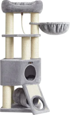 Rootz Krabpaal – Krabpaal Met Tunnel – Krabpaal Met Kattenbakkast – Kat Klimboom – Cat Activity Tree – Kattenspeelboom – Moderne Krabpaal – Krabpaalhuis – Spaanplaat – Pluche – Sisal – Greige – 80 X 53 X 49,2 Cm (L X B X H)