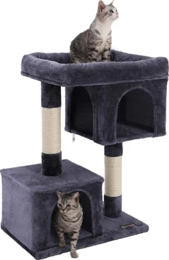 Katten Krabpaal Met Aparte Huisjes En Hoge Kat Mand – 60x40x84cm – Donkergrijs