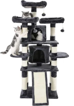 Grote Krabpaal, Krabpaal Met 3 Comfortabele Uitkijkplatforms, Kattenspeelgoed Met 2 Knuffelholen, Dikke Sisalpalen, Extra Krabplank, Stal, Rookgrijs