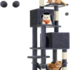 Signature Home XXL Krabpaal – Kattenboom Met 5 Krabzuilen – 2 Platforms – 2 Kattenholletjes 155 Cm Hoog- Hangmat, 2 Pluche Ballen – Pluche – Design Met Meerdere Verdiepingen – Rookgrijs