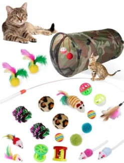 21-delig Kattentunnel Leger + Gratis Kleedje – Speeltunnel Kat – 21 Delig Kattenspeeltjes – Kattenveertjes – Voor Grote Kat – Kattenhengel – Tunnel Kat