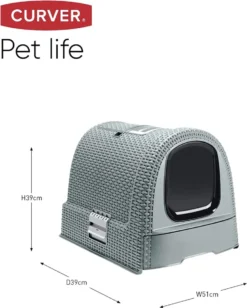 Kattenbak CURVER – Gesloten Kattenbak – Uitneembaar Onderste Compartiment Voor Eenvoudige Reiniging – Inclusief Kattenbakschepje En Vloermat – 51 X 39 X 39 Cm – Grijs