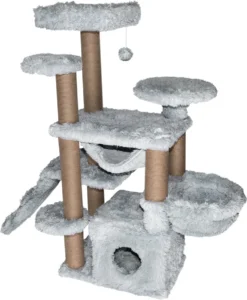 Topmast Krabpaal Fluffy Paris – Grijs – 164 X 65 X 144 Cm – Krabpaal Voor Grote Katten En Zware Katten – Met Kattenhuis En Hangmat – Stevig Sisal Touw